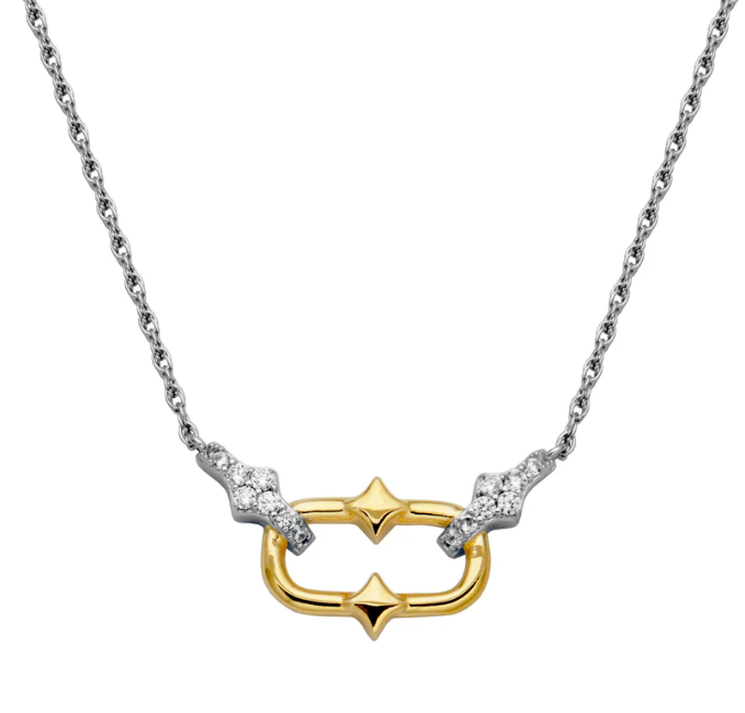 Rhodium Plated Sterling Silver & Gold Plated Fancy Paperclip & CZ Link Necklace (SI8143)