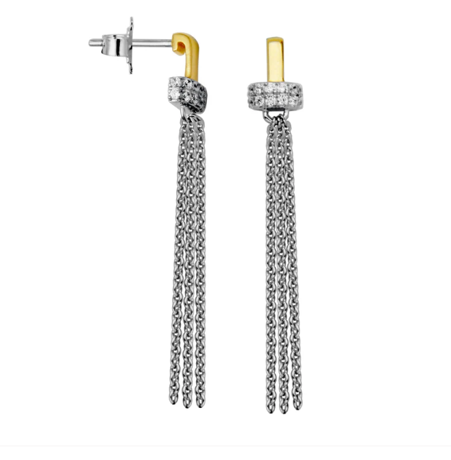 Rhodium Plated Sterling Silver & Gold Plated Multi Chain Dangle Earrings (SI8119)