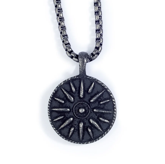 Black Stainless Steel Ancient Sun Medallion Necklace (SI3628)