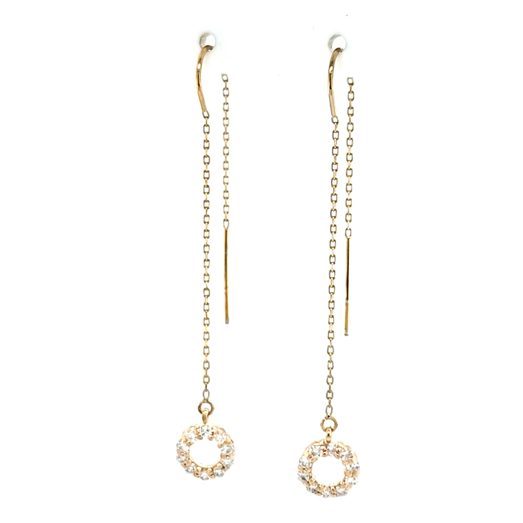 14k Yellow Gold Diamond Circle Threader Dangle Earrings (I9117)