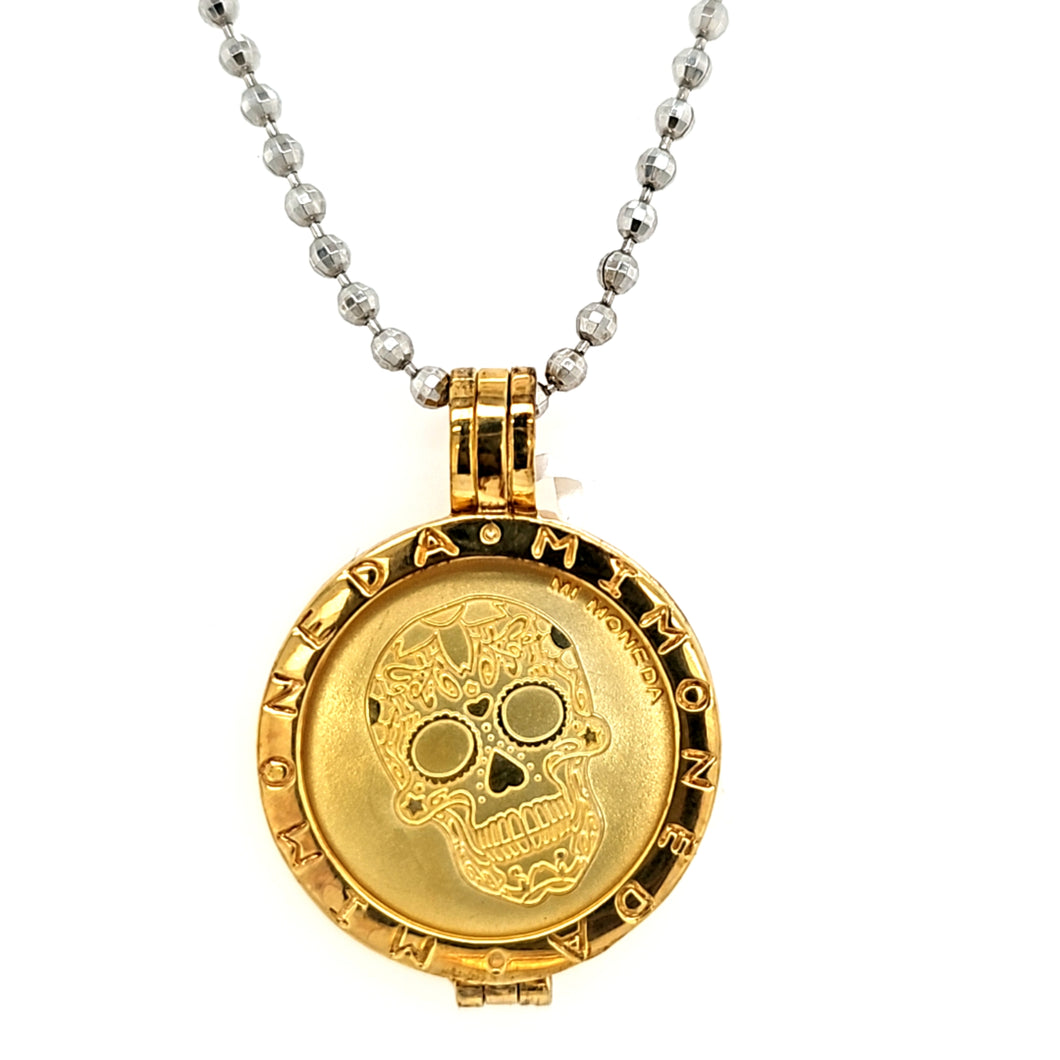 CLEARANCE - Mi Moneda Gold Skull Coin on Faceted Beaded Chain (SI7857)