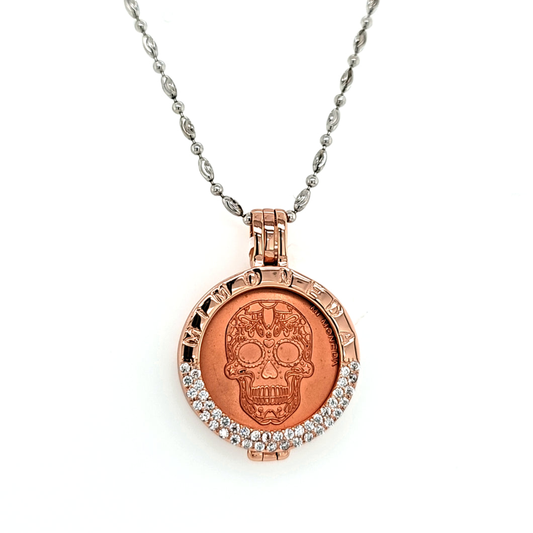 CLEARANCE - Mi Moneda Small Rose Gold Skull Coin on Faceted Beaded Chain (SI7858)