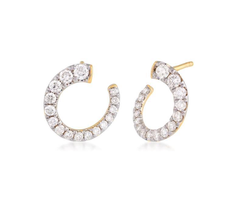 14k Yellow Gold Graduating Diamond Curved Half Hoop Earrings (I9649)