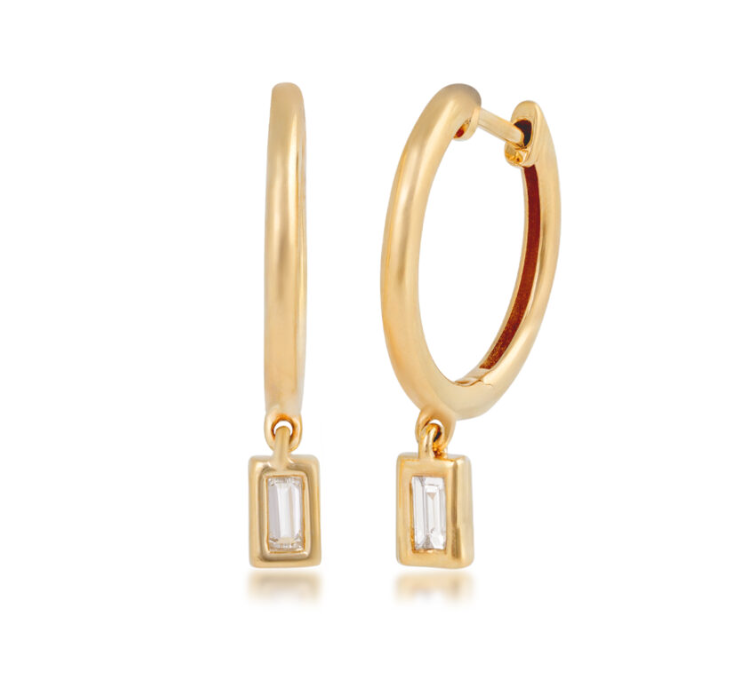 14k Yellow Gold Baguette Diamond Dangle Hoop Earrings (I9646)