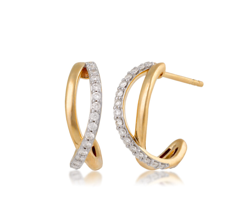 14k Yellow Gold Two Tone Crossover Half Hoop Diamond Earrings (I9648)