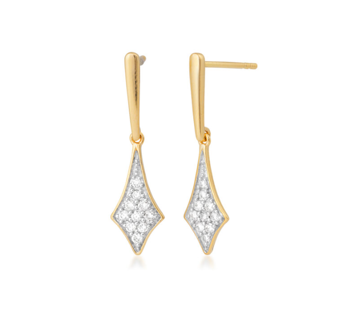 14k Two Tone Pave Diamond Elongated Diamond Shaped Dangle Earrings (I9645)