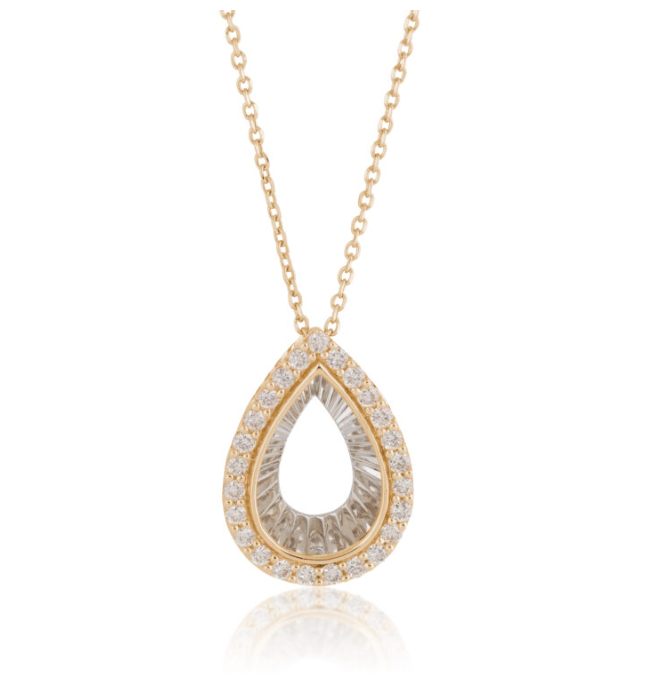 14k Two Tone Gold Diamond Reflection Pear-Shaped Necklace (I9650)