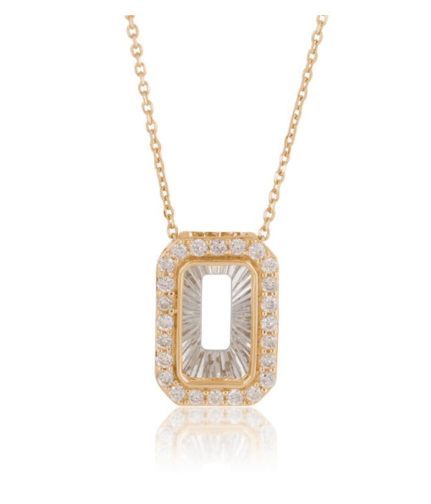 14k Yellow Gold Two Tone Diamond Rectangle Reflection Necklace (I9638)