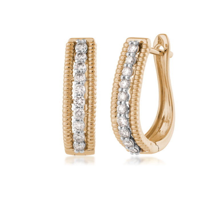 14k Yellow Gold Diamond Beaded Edge Oblong Hoop Earrings (I9644)