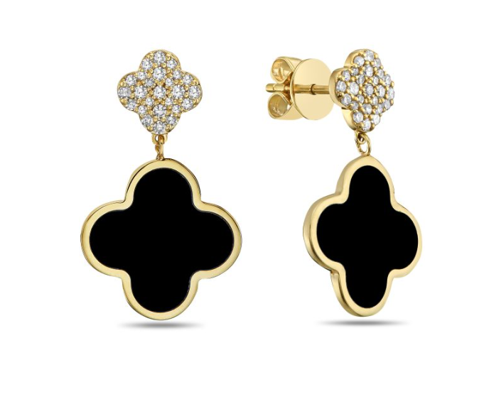 14k Yellow Gold Bezel Onyx Clover & Diamond Clover Dangle Earrings (I9900)