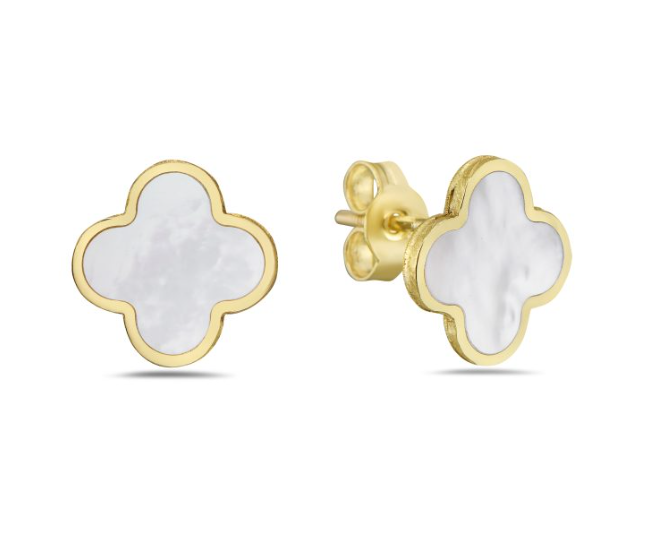 14k Yellow Gold Bezel Mother of Pearl Clover Stud Earrings (I9902)