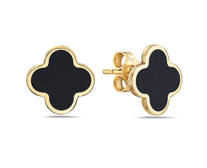 14k Yellow Gold Bezel Onyx Clover Stud Earrings (I9901)