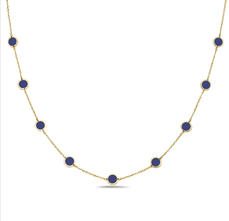 14k Yellow Gold Bezel Lapis Disc Station Necklace (I9909)