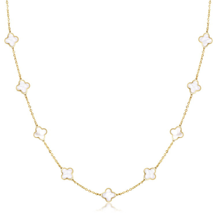14k Yellow Gold Bezel Mother of Pearl Clover Station Necklace (I9906)