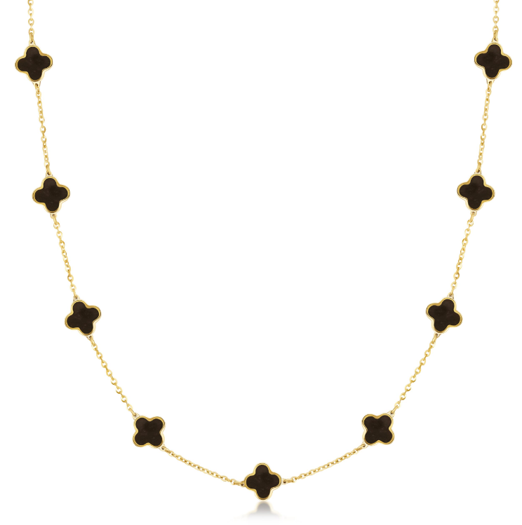 14k Yellow Gold Bezel Onyx Clover Station Necklace (I9911)