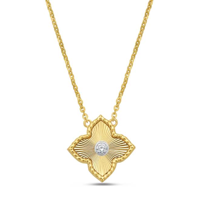 18k Yellow Gold Carved Flower Necklace with Bezel Diamond Center (I9903)