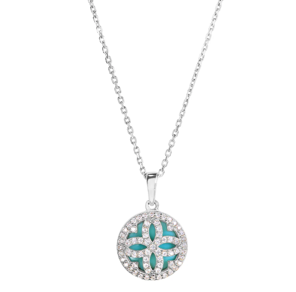Kelly Waters Sterling Silver Turquoise Mother of Pearl w/ Simulated Diamond Clover Necklace (SI8044)