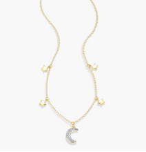 Load image into Gallery viewer, Monte Luna Gold Plated Sterling Silver Lab-Created Diamond Moon &amp; Stars Dangle Necklace
