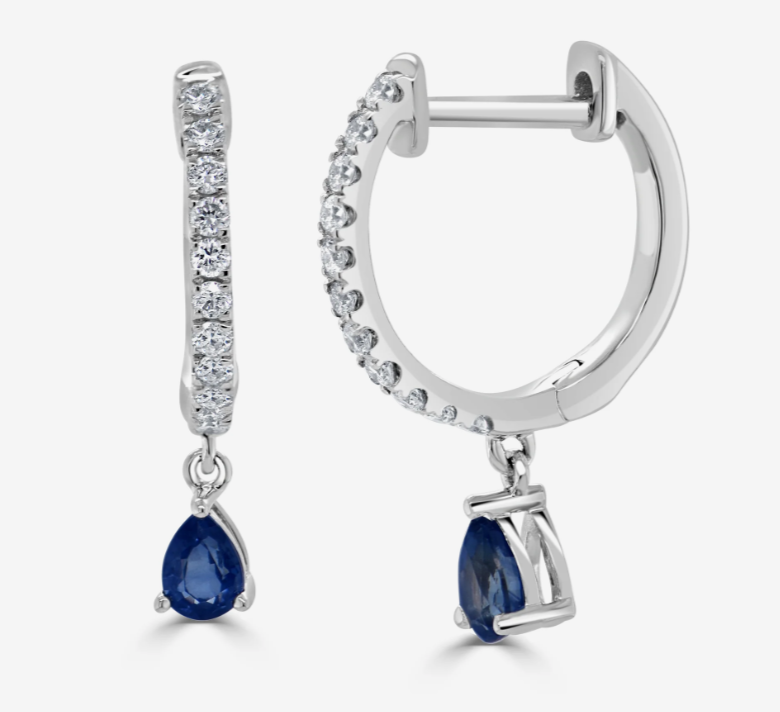 14k White Gold Pave Diamond Hoop & Blue Sapphire Pear Shaped Dangle Earrings (I9097)