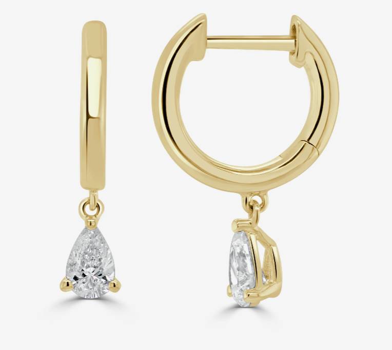 14k Yellow Gold Pear Shaped Diamond Huggie Hoop Earrings (I9777)