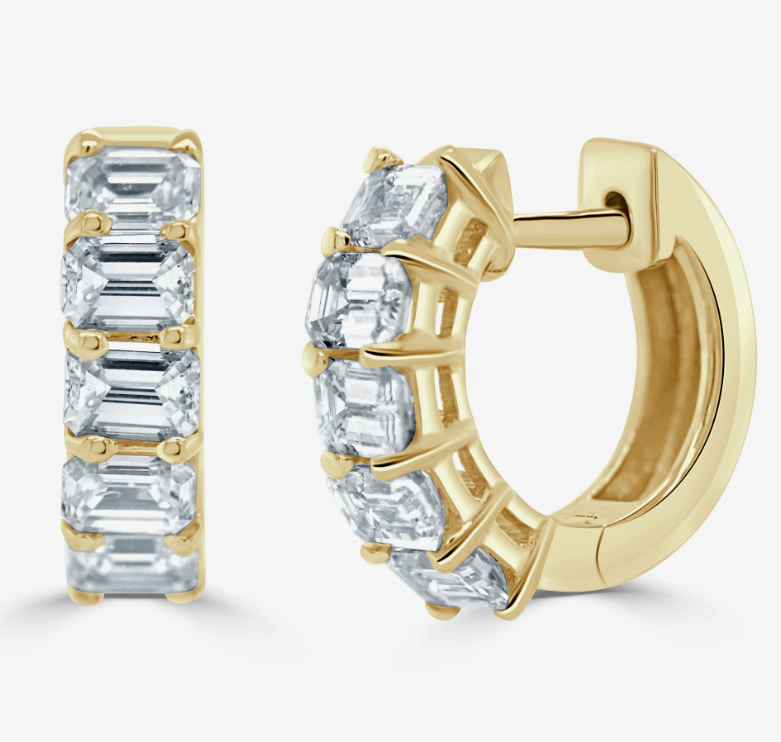 14k Yellow Gold Emerald Cut Diamond Huggie Hoop Earrings (I9773)