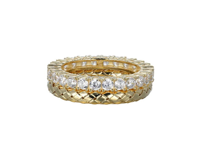 Gold Plated Sterling Silver Mesh & CZ Double Band Ring
