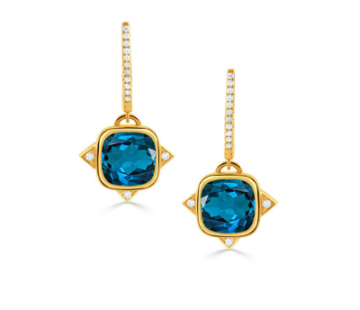 18k Yellow Gold London Blue Topaz & Diamond Dangle Earrings (I7488)