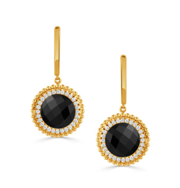 18k Yellow Gold 'Justinian' Checker Cut Black Onyx & Diamond Beaded Edge Earrings (I9007)