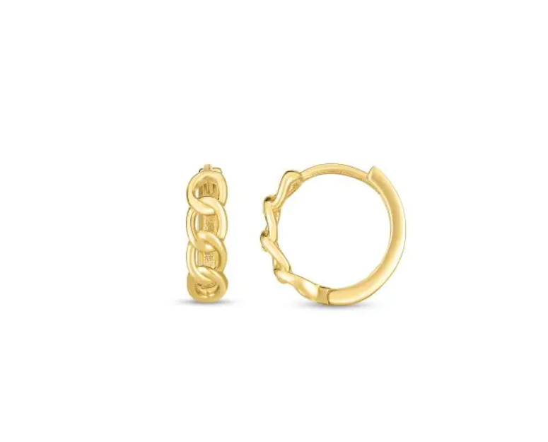 14k Yellow Gold Curb Link Huggie Hoop Earrings (I8606)