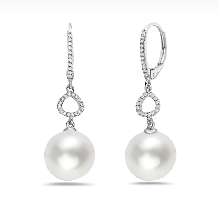 14k White Gold Freshwater Pearl & Diamond Drop Earrings (I8602)