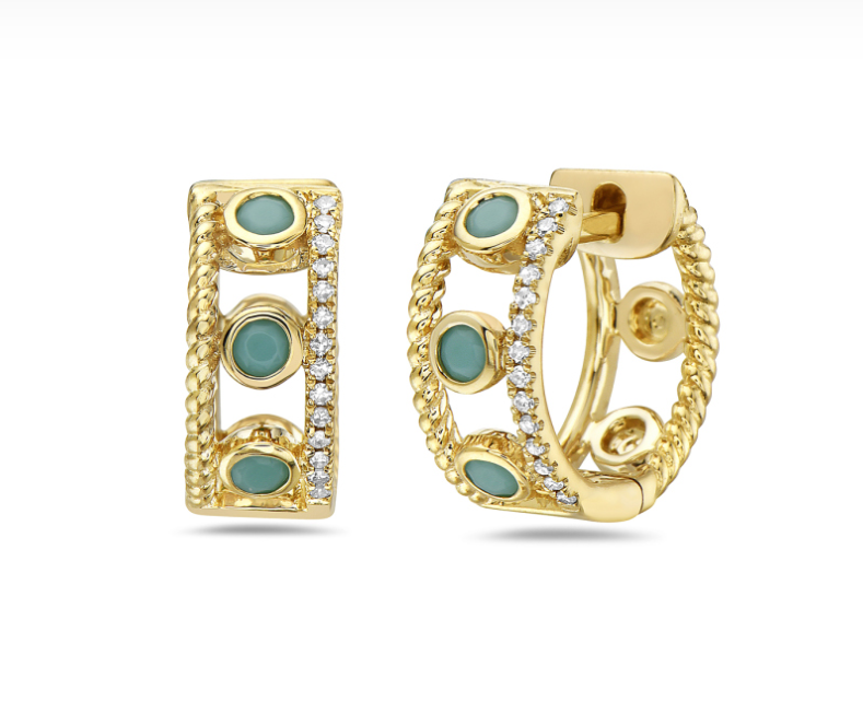 14k Yellow Gold Bezel Turquoise, Rope & Diamond Edged Huggie Hoop Earrings (I8549)