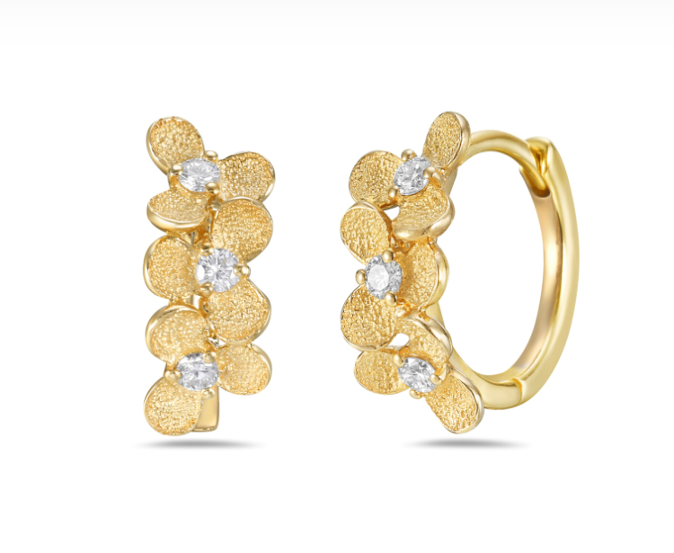 14k Gold Diamond Flower Huggie Hoop Earrings