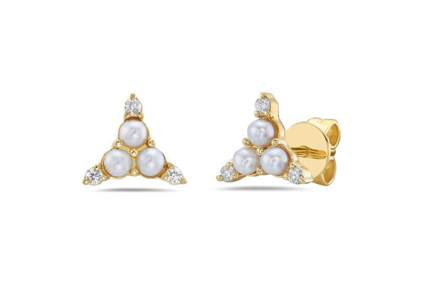 14k Gold Diamond & Freshwater Pearl Triangle Stud Earrings