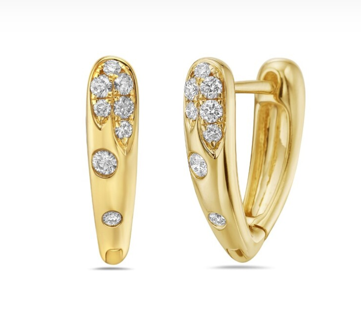 14k Gold Prong & Flush-Set Diamond Triangle Huggie Hoop Earrings