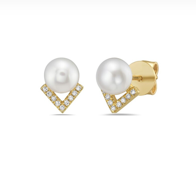 14k Gold Pearl & Diamond Triangle Stud Earrings
