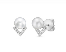 Load image into Gallery viewer, 14k Gold Pearl &amp; Diamond Triangle Stud Earrings
