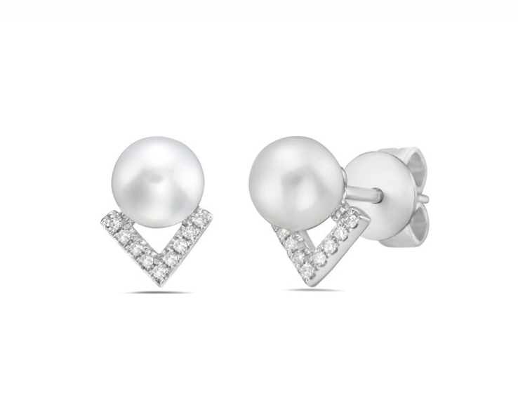 14k Gold Pearl & Diamond Triangle Stud Earrings