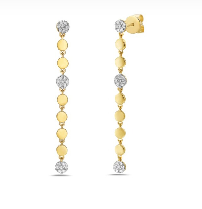 14k Gold High Polish & Pave Diamond Disc Long Dangle Earrings