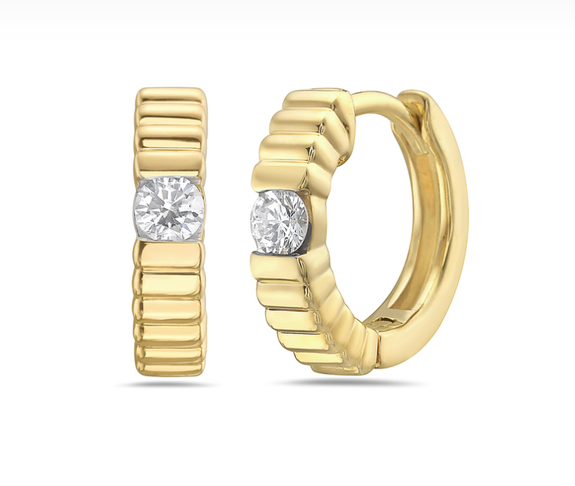 14k Gold Grooved Diamond Hoop Earrings