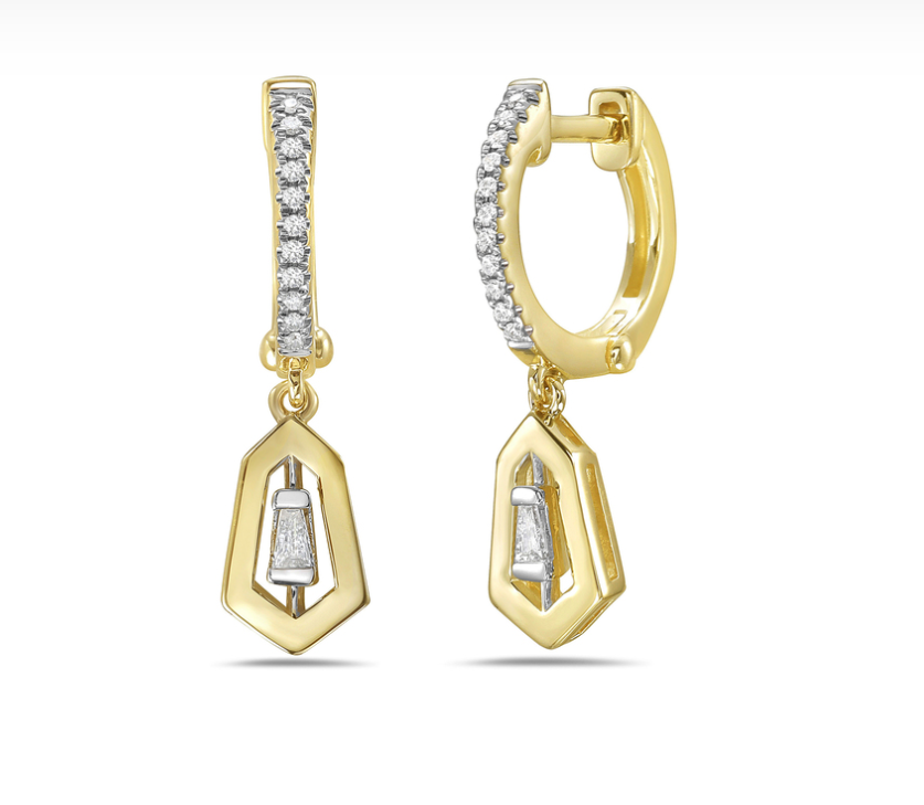14k Two Tone Trapezoid Floating Diamond Hoop Dangle Earrings (I9614)