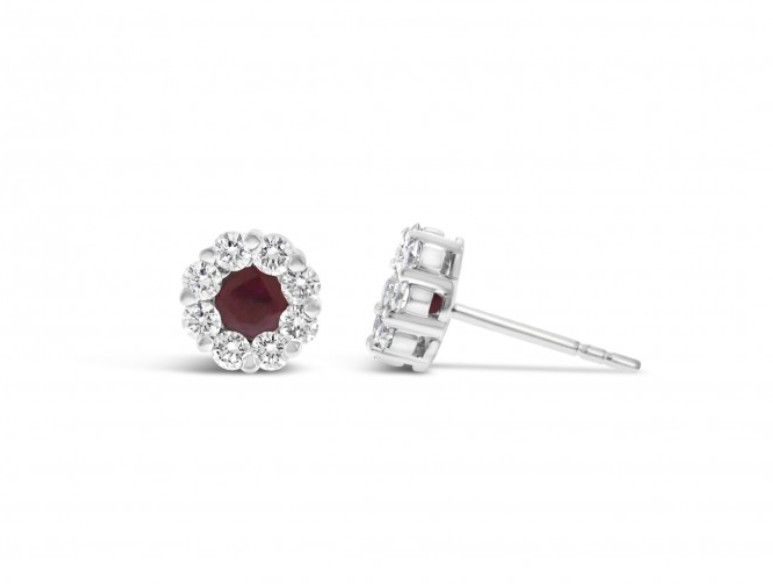 14k White Gold Rubies with Diamond Halo Stud Earrings (I7520)