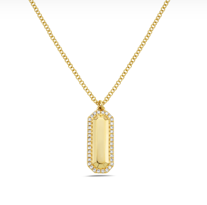 14k Gold High Polished Faceted Pendant with Diamond Halo Necklace