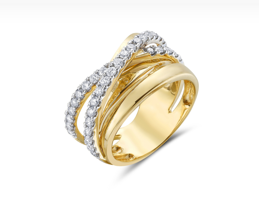 14k Yellow Gold Diamond Chunky Multi Band Crossover Ring (I8551)