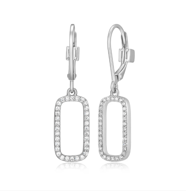 ELLE Rhodium Plated Sterling Silver Rectangle CZ Negative Space Dangle Earrings (SI8156)