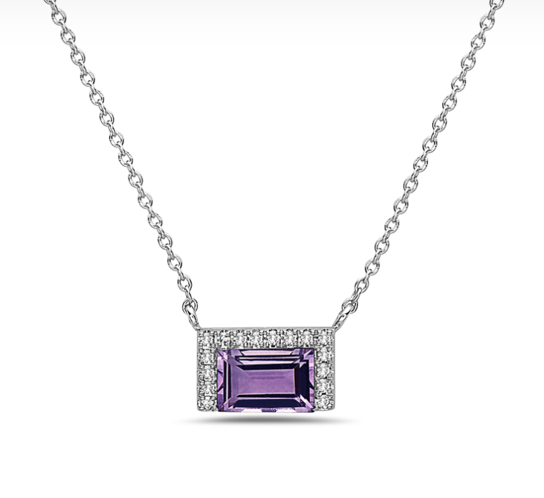 14k White Gold Amethyst & Diamond Semi Halo Necklace (I6548)