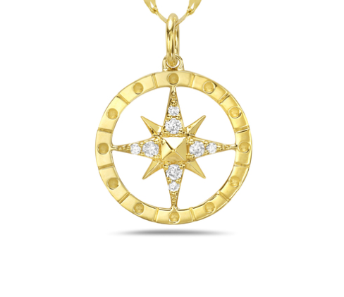 14k Gold Star Compass Diamond Accent Journey Pendant