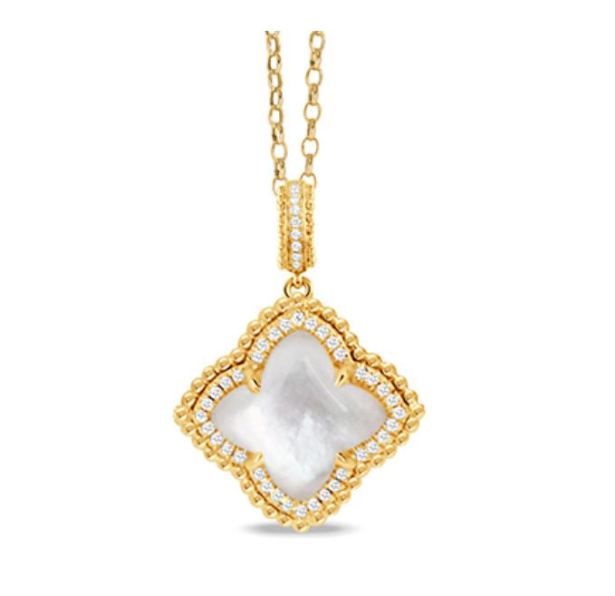 18k Yellow Gold 'Ravenna' Mother of Pearl/Clear Quartz Doublet with Diamonds Pendant (I9027)