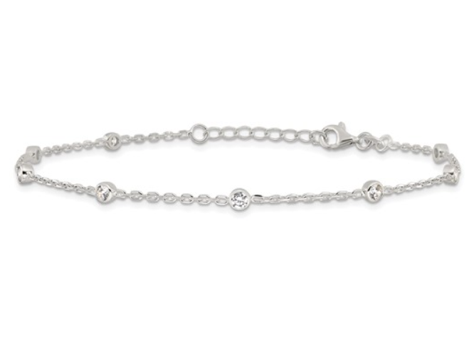 Sterling Silver Rhodium Plated Bezel CZ Station Anklet (SI8024)