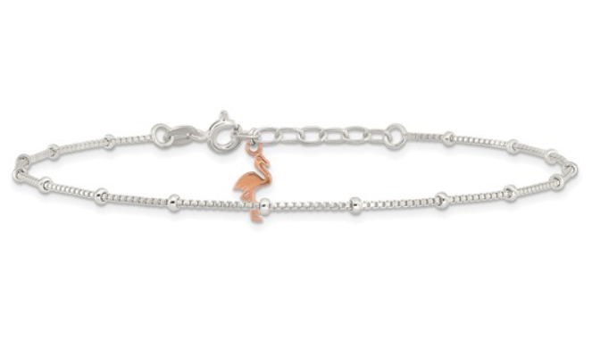 Sterling Silver Rhodium Plated Beaded Anklet with Rose Tone Flamingo (SI8079)