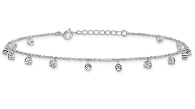 Sterling Silver Rhodium Plated Bezel CZ Dangle Anklet (SI8082)